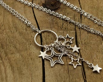 Collier long étoile, collier étoile en argent, collier pendentif multi étoiles en argent, sautoir, collier long en argent, cadeau céleste, cadeau étoile