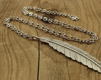 Long feather necklace, long necklace, silver feather necklace, long chain, jumper necklace, feather charm necklace, silver feather charm