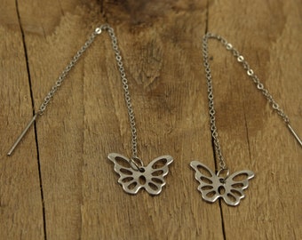 Butterfly threader earrings, silver butterfly earrings, dangly butterfly earrings, butterfly chain earrings, butterfly jewellery, threader