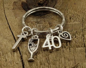 40 keyring, 40 keychain, forty keyring, personalised 40 gift, personalized 40 gift, initial charm, 40th birthday, fortieth birthday gift