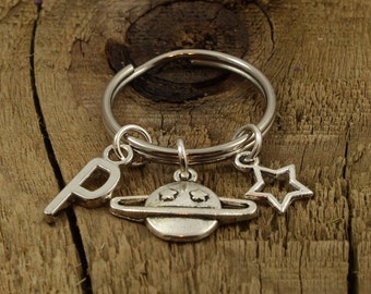 Planet keyring, planet keychain, silver planet keychain, saturn keyring, saturn keychain, alphabet gift, star, space keychain, personalized