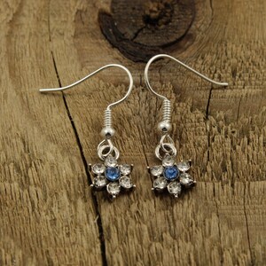 May include: A pair of silver dangle earrings with a blue and clear rhinestone flower design.