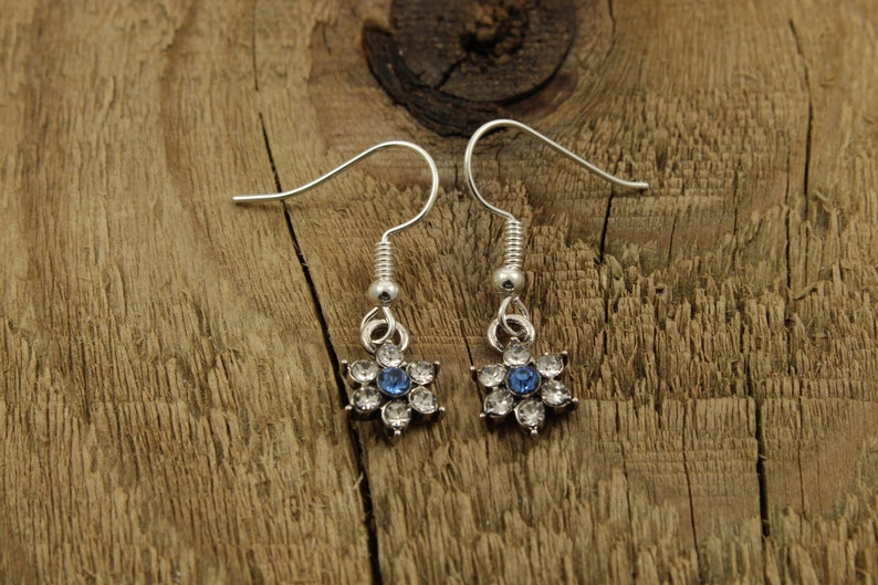 May include: A pair of silver dangle earrings with a blue and clear rhinestone flower design.