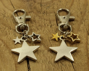 Starry bag charm, silver star keyring, star gift, star keychain, star themed gift, silver stars, star bag clip, handbag charm, star keyring