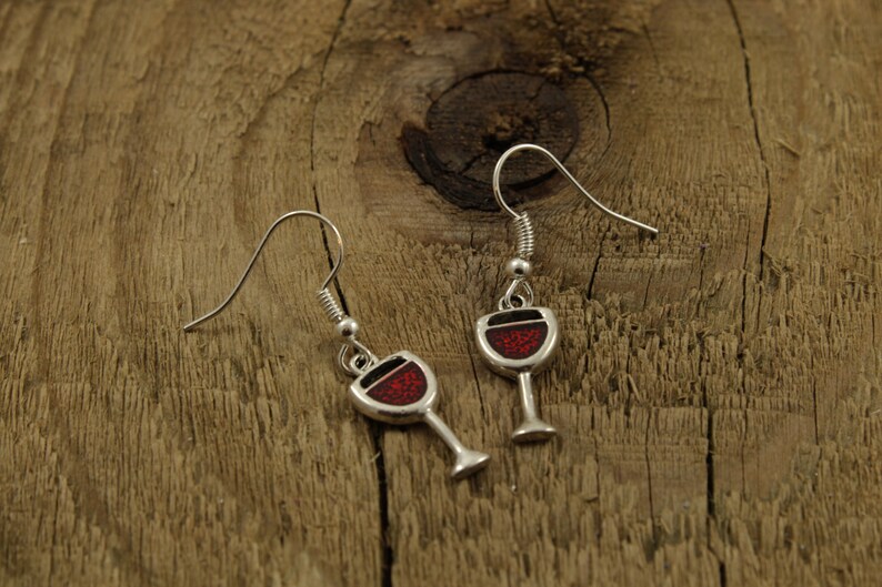 Red wine earrings wine glass earrings silver dangly Etsy