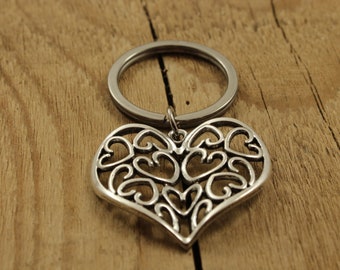 Silver heart keyring, heart keychain, heart bag charm, heart keyring, silver heart keychain, heart gift, multi heart, heart of hearts, gift