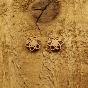 May include: Two gold-colored atom earrings on a wooden surface.