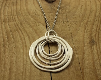 Silver multi circle necklace, long circles necklace, circular pendant, long chain, jumper necklace, circle pendant, silver circles, rings