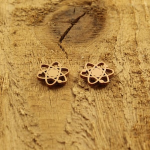 May include: A pair of gold-colored earrings shaped like an atom. The earrings are on a wooden surface.
