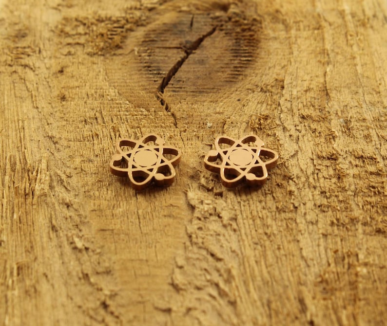 May include: A pair of gold-colored earrings shaped like an atom. The earrings are on a wooden surface.