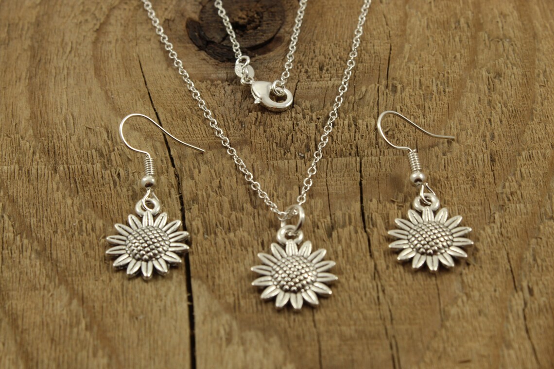Silver sunflower necklace and earring set sunflower necklace Etsy