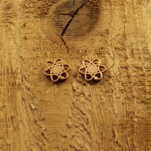 May include: A pair of gold-toned atom earrings on a wooden surface.