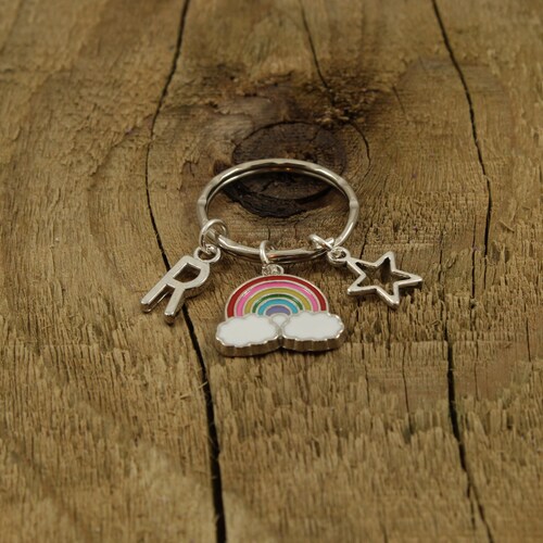 Rainbow keychain, rainbow keyring, personalized rainbow gift, rainbow fan gift, clouds, star, initial charm, enamel rainbow, rainbow present