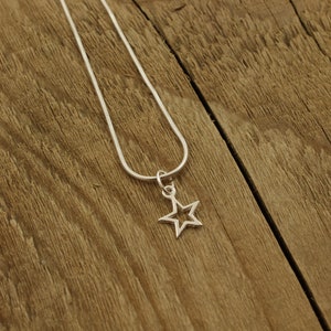 May include: A silver chain necklace with a simple star pendant.