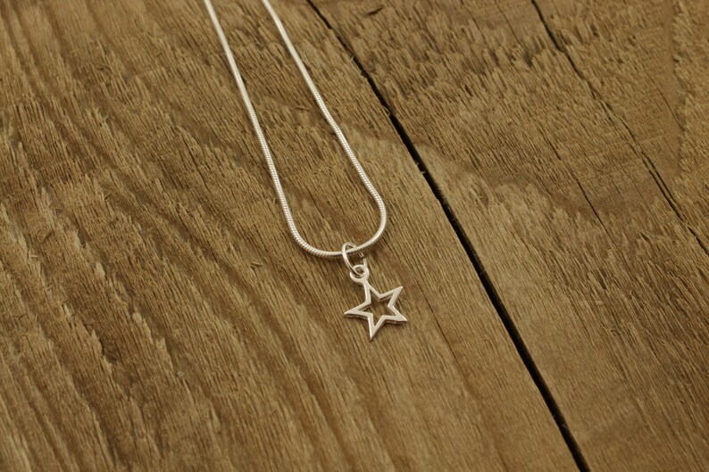 May include: A silver chain necklace with a simple star pendant.