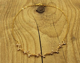 Gold vine necklace, gold leaf vine necklace, gold leaf necklace, gold necklace with cubic zirconia, floral vine necklace, gold leaf necklace