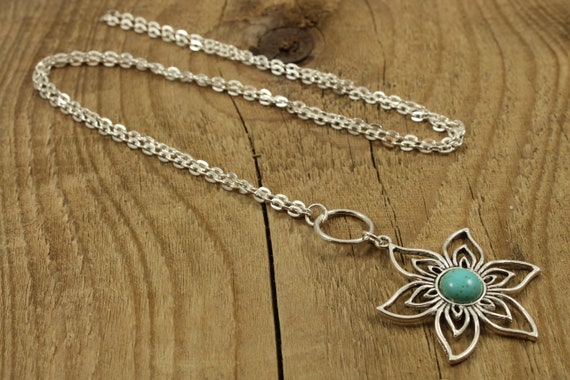 Flower Pendant Necklace Long Flower Necklace Silver Flower