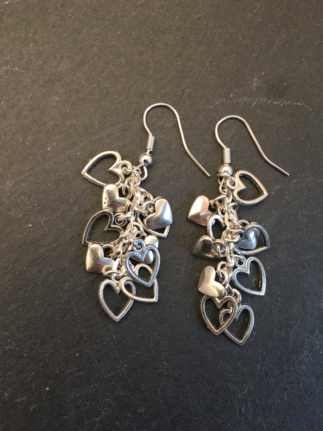 Heart cluster earrings dangly heart earrings dangle drop Etsy