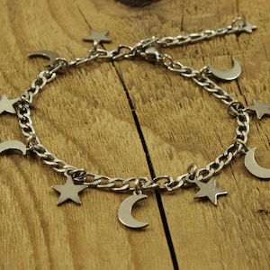 Ster en maan bedel armband, zilveren ster sieraden, ster en maan, roestvrij stalen armband, zilveren ster bedel armband, hemels geschenk