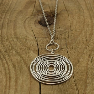 Spiral necklace, long spiral necklace, silver disc pendant necklace, long chain, jumper necklace, spiral charm necklace, silver circle charm