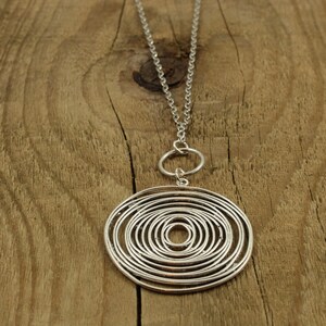 Spiral necklace, long spiral necklace, silver disc pendant necklace, long chain, jumper necklace, spiral charm necklace, silver circle charm