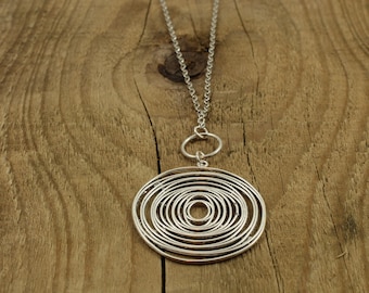 Spiral necklace, long spiral necklace, silver disc pendant necklace, long chain, jumper necklace, spiral charm necklace, silver circle charm