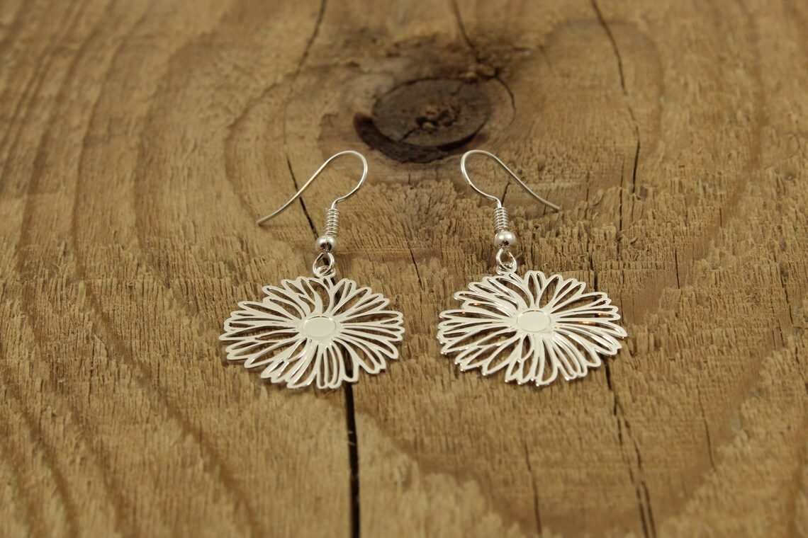 Silver Chrysanthemum Earrings Dangly Flower Earrings Etsy