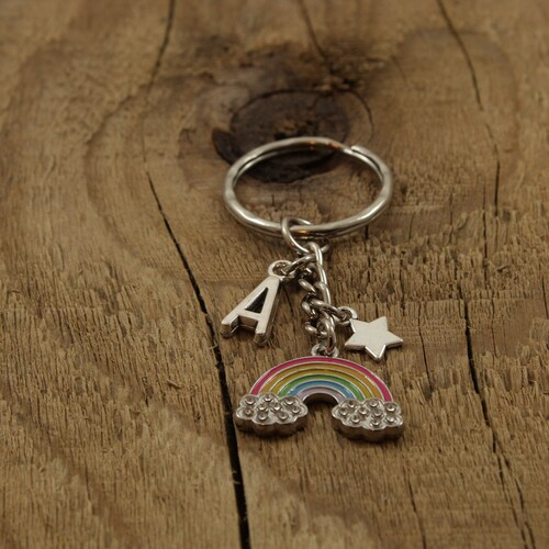 Rainbow keyring, rainbow gift, personalized rainbow gift, rainbow keychain, clouds, star, initial charm, enamel rainbow, rainbow present