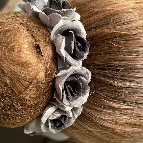 Grey bun wrap, floral bun wrap, grey rose wrap, rose bun wrap, ballet hair ribbon, ballet bun, flower ballet wrap, grey flower ribbon, dark