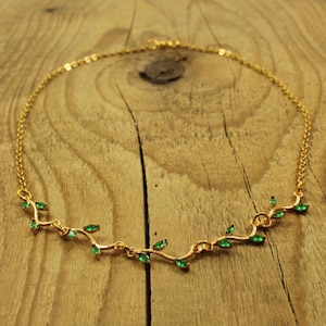 Gold vine necklace, green and gold necklace, gold leaf necklace, green and gold necklace, floral vine necklace, gold leaf, vine necklace