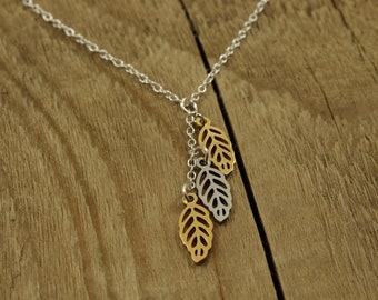 Leaf necklace, gold and silver leaf necklace, leaf charm, silver necklace, silver leaf necklace, gold leaf, silver leaf, leaf jewellery