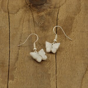 May include: A pair of silver butterfly earrings with white iridescent wings.
