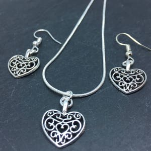 Silver heart necklace and earring set, heart charm pendant necklace and earrings, silver necklace gift set, pendant necklace, valentine gift