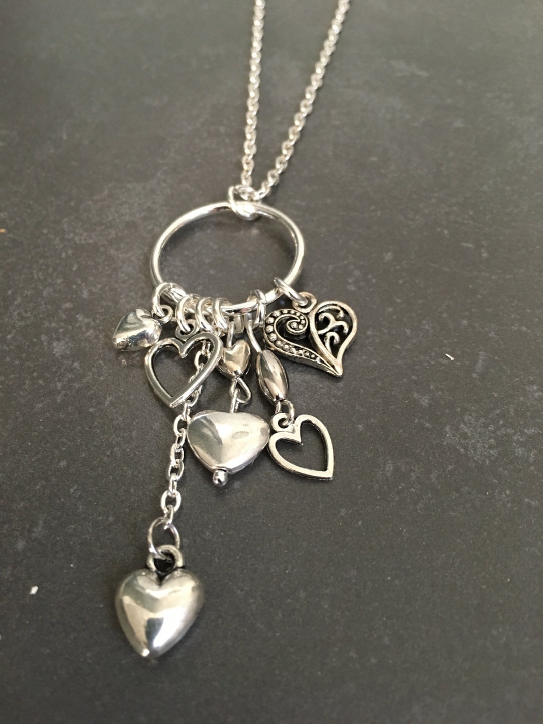 Long Heart Necklace, Silver Heart Necklace, Silver Multi Heart Pendant Necklace, Long Chain
