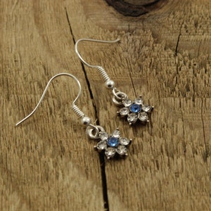 May include: A pair of silver dangle earrings with a blue rhinestone center and clear rhinestones surrounding it. The earrings are on a wooden surface.