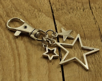 Silver stars bag charm, silver star keyring, star gift, star keychain, star gift, silver stars, star bag clip, handbag charm, star keyring