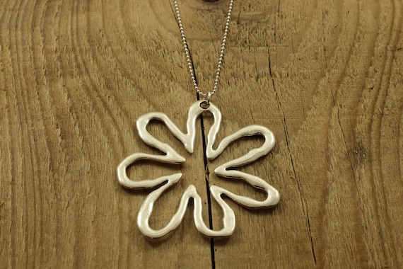 Large Silver Flower Necklace Long Flower Necklace Silver Flower