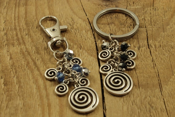 Spiral bag charm, spiral keyring, spiral bag clip, beaded bag charm, silver spiral bag charm, silver and black, silver and blue, beaded gift
