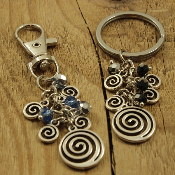 Spiral Taschenanhänger, Spiral Taschenclip, Spiral Taschenanhänger, Spiral Taschenanhänger, silber und schwarz, silber und blau, Perlen Geschenk