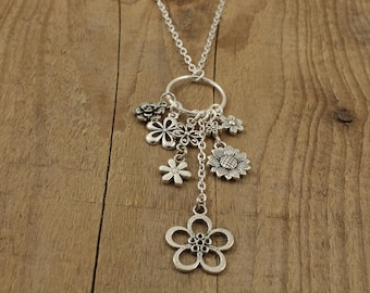 Long floral necklace, silver flower necklace, silver multi pendant necklace, long necklace, long silver necklace, flower fan, flower gift