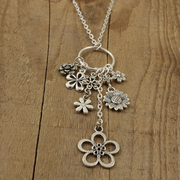 Long floral necklace, silver flower necklace, silver multi pendant necklace, long necklace, long silver necklace, flower fan, flower gift