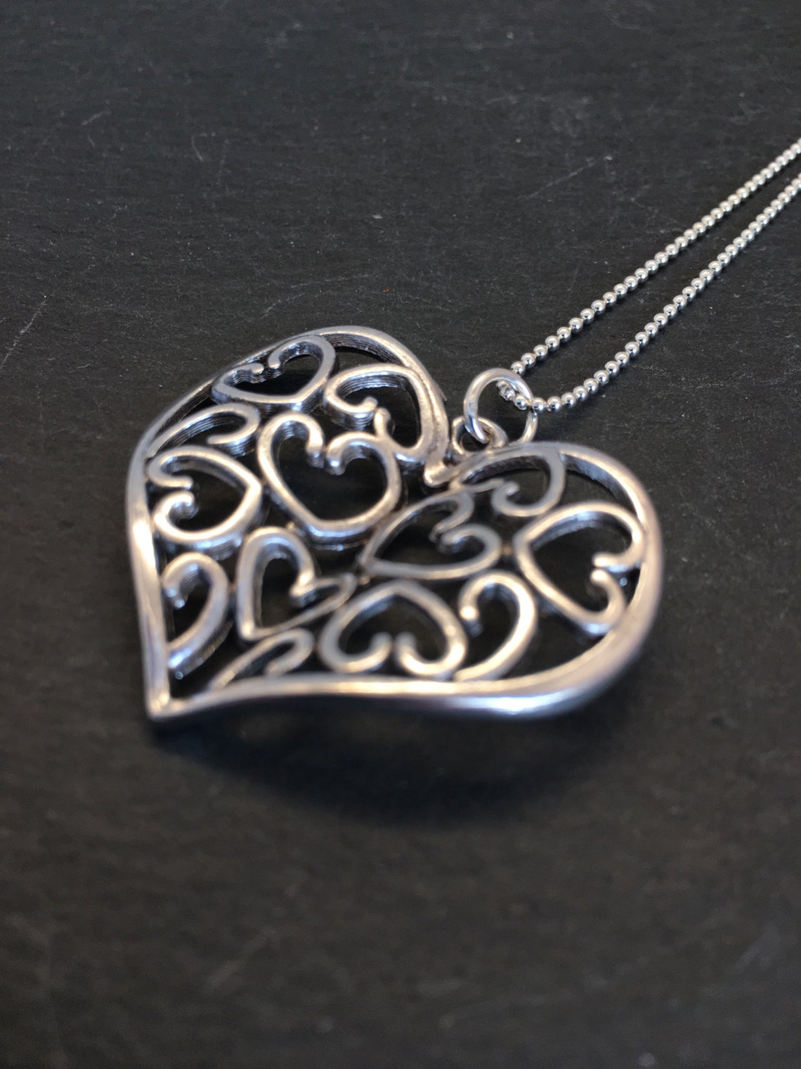 Long Heart Necklace Long Silver Necklace Silver Intricate Etsy UK