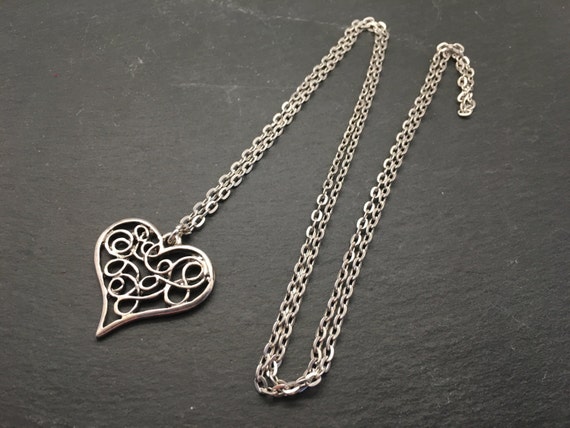 Intricate Long Silver Necklace with Heart Pendants – JewelryByTm