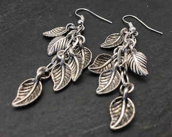 Leaf earrings, leaf cluster earrings, dangle drop earrings, cluster jewelry, silver leaf charm earrings, leaf cluster earrings, leaf, leaves