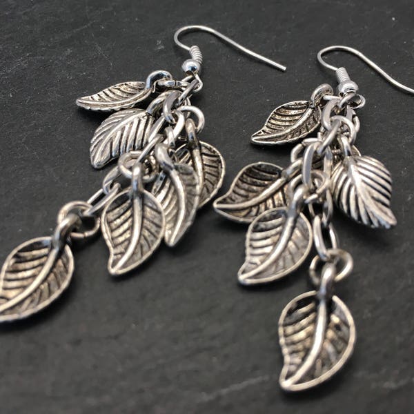 Leaf earrings, leaf cluster earrings, dangle drop earrings, cluster jewelry, silver leaf charm earrings, leaf cluster earrings, leaf, leaves