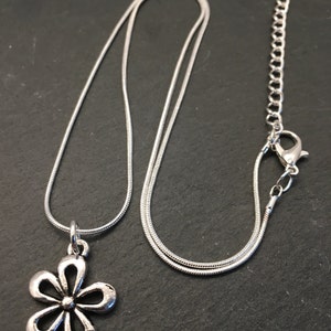 Pu&ograve; includere: Una collana a catena d'argento con un ciondolo a forma di fiore d'argento. La catena &egrave; di stile a serpentina e il ciondolo &egrave; un semplice fiore a cinque petali.