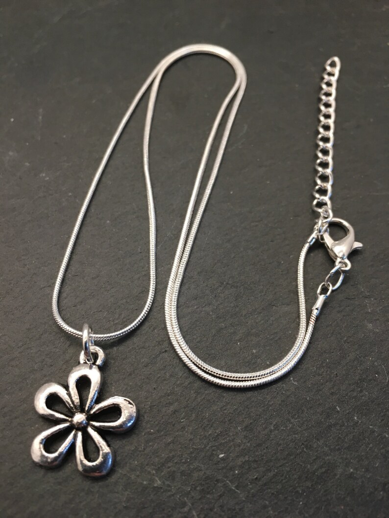 Pu&ograve; includere: Una collana a catena d'argento con un ciondolo a forma di fiore d'argento. La catena &egrave; di stile a serpentina e il ciondolo &egrave; un semplice fiore a cinque petali.