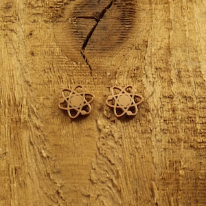 May include: A pair of gold-colored atom earrings on a wooden surface.
