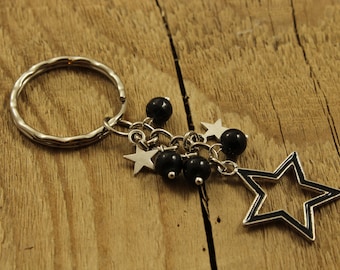 Star bag charm, black star keyring, star gift, silver star keychain, star themed gift, silver stars, pretty bag charm, black bag charm, star