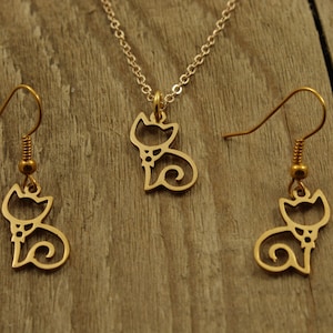 Collar del gato del oro, colgante del gato, pendiente del gato del oro, collar del gato y los pendientes, abanico del gato, regalo del gato, gato del oro, amante del gato, silueta del gato, marco